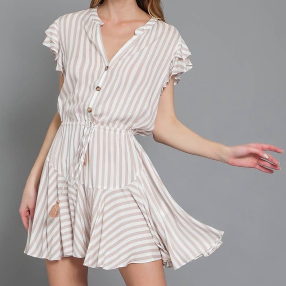 NWOT Tan & White Striped Ruffle Sleeve Shirt Dress - Picture 3 of 10